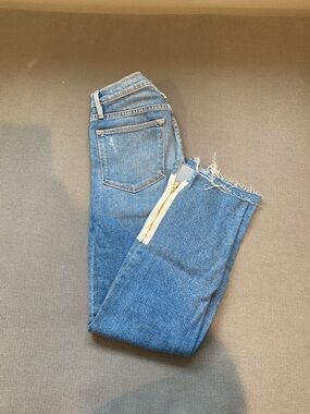 Frame Denim Straight-Leg Blue Jeans with Frayed Hem & Side Zip